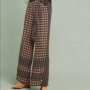 SHIPS4FREE Anthropologie Black & Tan Geometric Wide-Leg Tie-Waist Pants